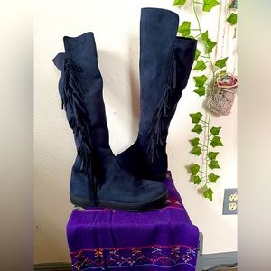 Above knee fringe boot. Faux blue leather -NEW